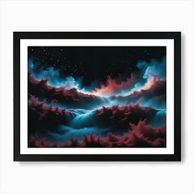 A Surreal Landscape Of Swirling, Abstract Waves In Shades Of Blue And Red, Set Against A Starry Night Sky Art Print