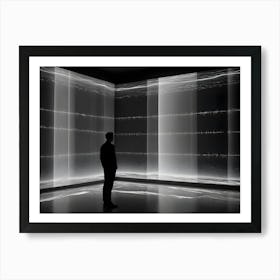 A Minimalist Image Of A Person Standing In A Dark Room, Surrounded By Large Screens Displaying A Digital Landscape Of White Lines And Patterns Art Print