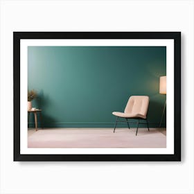 A Minimalist Interior Design Scene Featuring A Pink Chair, A Green Wall, A Small Wooden Table With A Vase Of Dried Flowers, And A Floor Lamp Art Print