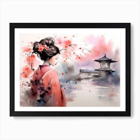 Beautiful Geisha In Beautiful Japanese Cherry Garden Art Print