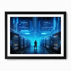 A Digital Painting Of An Abstract Cyber World In Which A Thick Neon Blue Firewall Serves As A Rugg (5) Art Print