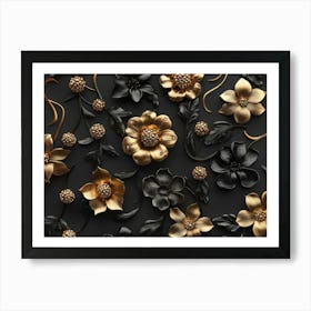 3d Golden Jewelry and Flowers in Black 1 Art Print