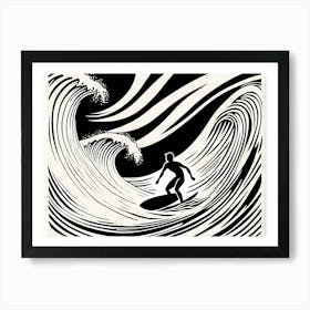 Linocut Black And White Surfer On A Wave art, surfing art, 265 Art Print