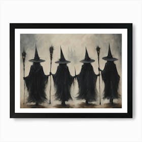 Witches Coven on Halloween Art Print | Neutral Tones Spooky Gothic Samhain Witchcraft Altar Wall Art for Tarot Moody Dark Aesthetic Art Print