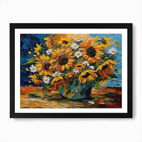 Sunflowers In A Blue Vase - Ai Art Print