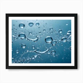 A Close Up Shot Of Water Droplets And Splashes On A Blue Background, Creating A Sense Of Movement And Energy Art Print