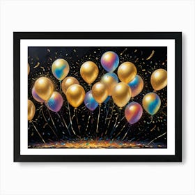 A Festive Illustration Of Golden Balloons With Iridescent Accents Floating Against A Black Background With Confetti, Creating A Celebratory Atmosphere Art Print