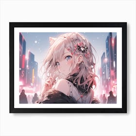 Cute anime cat girl, neko ears, snowy future city Art Print