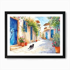 Paphos, Cyprus   Cat In Street Art Watercolour Painting 3 Art Print