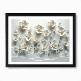 A Serene 3d Artwork Featuring a Display of Flowers on A Soft White Background Art Print