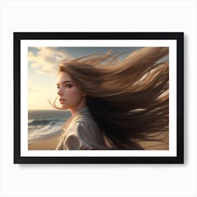 Girl With Wind Blown Hair By The Shore Art Print