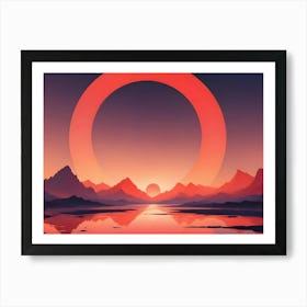 A Futuristic And Abstract Image Of A Red Ring Floating Above A Landscape With Mountains And A Lake, Creating A Sense Of Mystery And Wonder Art Print