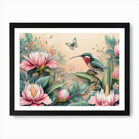 Vintage Tropical Background with Protea, Hibiscus Flowers, Leaves, Hummingbirds, Butterflies 1 Art Print