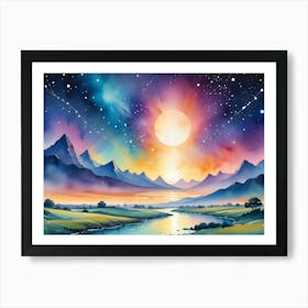 A Watercolor Painting Of A Tranquil Landscape With Mountains, A River, And A Large, Full Moon In A Colorful, Starry Sky Art Print