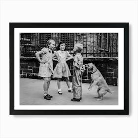 Children Playing With A Dog, Dog Eating Ice Cream, Black and White Vintage Old Photo Art Print