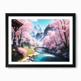 Cherry Blossom with Mountain River and Alps view - Oil Painting #1 Art Print