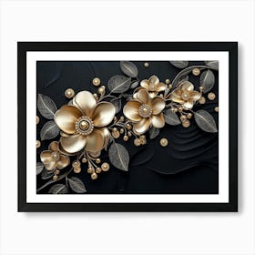 Gold Flowers On Black Background 9 Art Print