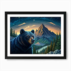 Black Bear In A Mountain Landscape With A Night Sky Art Print