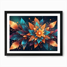 A Vibrant, Abstract Flower Composed Of Colorful Leaves In Shades Of Orange, Blue, And Purple, On A Dark Background Art Print