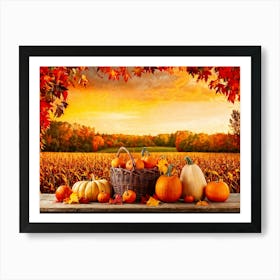 Autumnal Farm Landscape Pumpkins And Cornstalks Surround A Rustic Wooden Basket Filled With Apples 2 1 Art Print