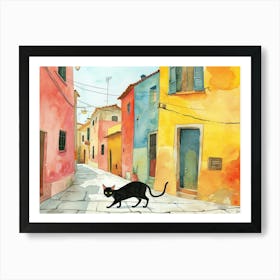 Brindisi   Black Cat In Street Art Watercolour Painting 2 Art Print