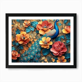 Elegant Leather Base Combines Bright Color Floral with Exotic Oriental Pattern Flowers and Peacocks 2 Art Print