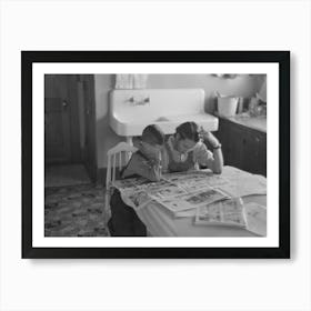 Children Reading Sunday Papers, Rustan Brothers Farm Near Dickens, Iowa, Note Convenience Of Running Water In Art Print