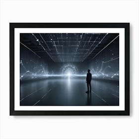 A Silhouetted Person Stands In A Dark Room, Facing A Glowing Sphere Of Data And Connections Projected Onto A Wall Art Print