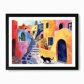 Santorini, Greece   Cat In Street Art Watercolour Painting 2 Art Print
