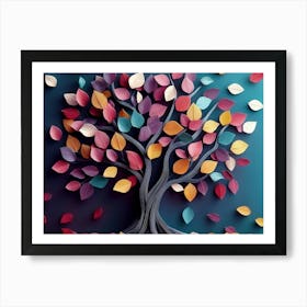 Colorful Tree with Leaves on Hanging Branches of Blue, White and Golden Art Print