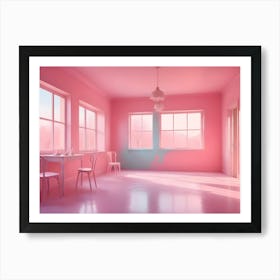 3d Illustration Of A Pink Room With A White Table And Chairs, Windows With A View Of A Pastel Colored Landscape, And A Hanging Light Fixture Art Print