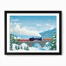 Vintage Winter Travel Poster Themed Digital Painting Featuring A Steam Train Its Chimney Releasing Art Print