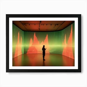 A Woman Stands In A Futuristic, Dark Room, Looking At A Giant, Curved Screen Displaying Abstract Shapes And Data Patterns Art Print