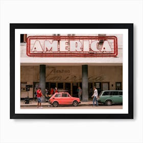 Havana Cuba City Theatre Vintage Sign Red Car Art Print