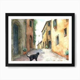 Black Cat In Ascoli Piceno, Italy, Street Art Watercolour Painting 1 Art Print