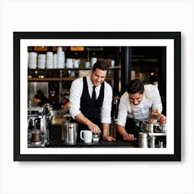 Barista Focused On Pouring Water Into A Step By Step Dripper Amid The Bustling Ambiance Of A Busy C (6) Art Print