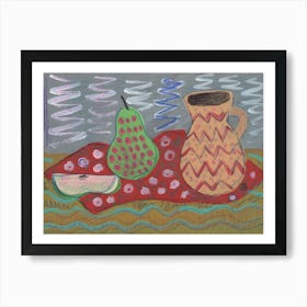 Still Life In Ochre Red Green - naive hand painted food kitchen vase pear Art Print