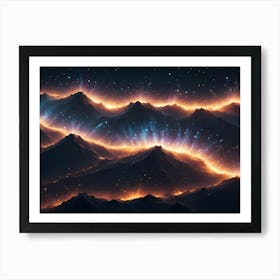 A Dramatic Landscape Of Mountains Lit By Glowing Streaks Of Light Against A Starry Night Sky Art Print