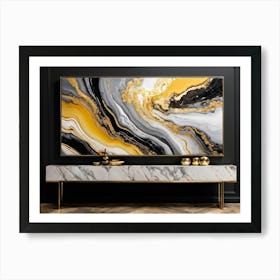 Abstract Art Featuring Liquid Marble Patterns Flowing Together In A Dance Of Grey Black Yellow G (6) Art Print