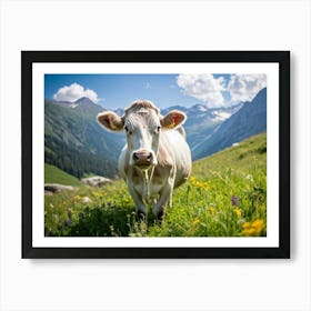 A Closeup On A Pure White Cow Ambling Leisurely In A Verdant Alpine Meadow The Beast Exuding Pure C Art Print