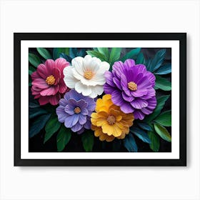 Printed Art Pattern With Colorful Flowers Leaves Art Print