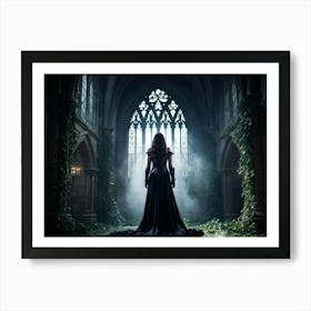 Gothic Woman Standing As The Centerpiece In A Grand Shadow Laden Castle Emanating An Air Of Myster 1 Art Print