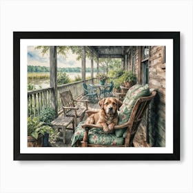 Golden Retriever In A Rocking Chair On A River House Porch Relaxing Art Print