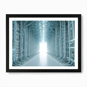 A Futuristic Server Room With White Walls And A Tunnel Of White Cables That Lead To A Bright, White Light At The End Art Print