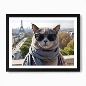 Cool Cat Wearing Sunglasses And Scarf With The Eiffel Tower In The Background Art Print