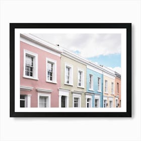 London, England I Facades of pastel colored houses in Notting Hill with its emblematic architecture Victorian British charm and retro vintage aesthetic in London sun light with minimalist geometric photography Art Print