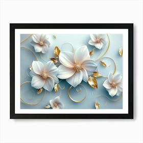 3d Art with White and Pink Flowers, Golden Swirls and Leaves on Light Blue Background 1 Art Print