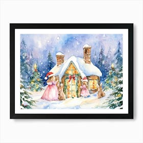 Watercolor Painting Of Christmas Bunnies Adorned Santa Hats Nestled Between Snow Dusted Evergreens 1 Art Print