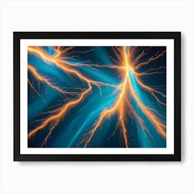 Abstract Fractal Artwork Resembling A Burst Of Energy Or Lightning, With Glowing Orange And Blue Lines, Creating A Dynamic And Powerful Design Art Print