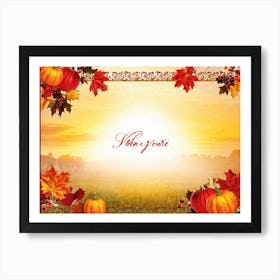 Autumn Themed Thank You Card Ornate Calligraphy Sweeping Across The Centre Leaves In Reds Golds (5) Art Print